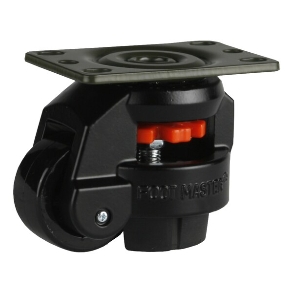 Leveling Caster, 50 mm Nylon Wheel, 2-1/2 x 3-1/4 Plate, Swivel, 280 kg Cap, NBR Foot Pad, Black